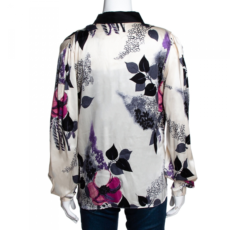 Pre Owned Roberto Cavalli Cream Floral Print Silk Satin Pleated Top L