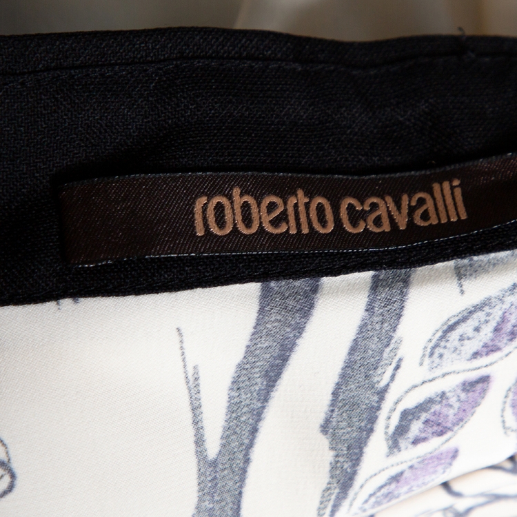 Pre Owned Roberto Cavalli Cream Floral Print Silk Satin Pleated Top L