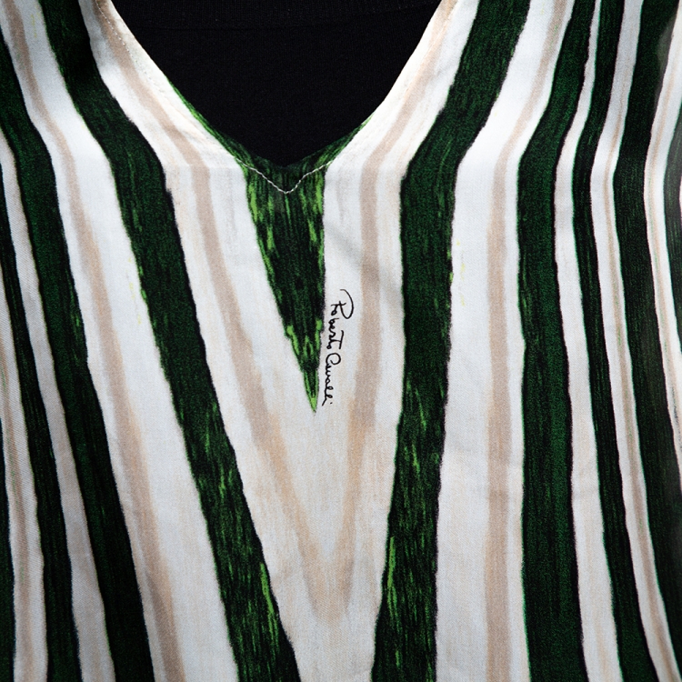 Pre Owned Roberto Cavalli Green Printed Silk Front Tie Detail Sheer Top M 