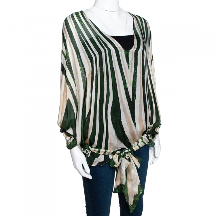 Pre Owned Roberto Cavalli Green Printed Silk Front Tie Detail Sheer Top M 