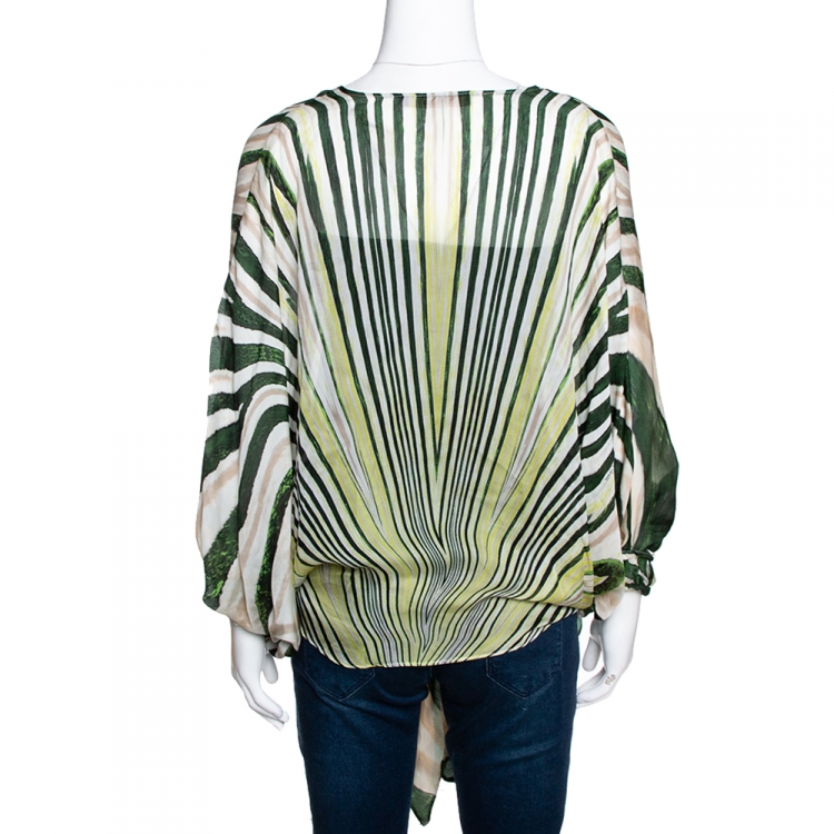 Pre Owned Roberto Cavalli Green Printed Silk Front Tie Detail Sheer Top M 