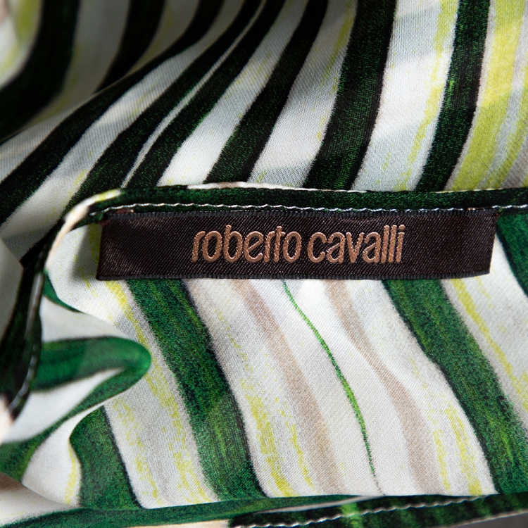 Pre Owned Roberto Cavalli Green Printed Silk Front Tie Detail Sheer Top M 