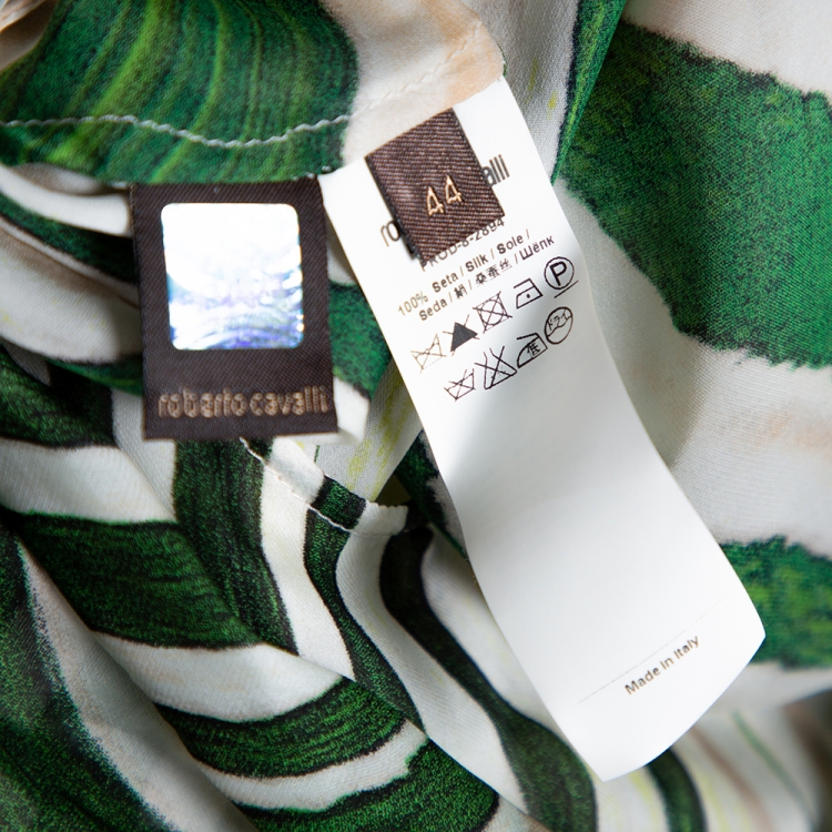 Pre Owned Roberto Cavalli Green Printed Silk Front Tie Detail Sheer Top M 