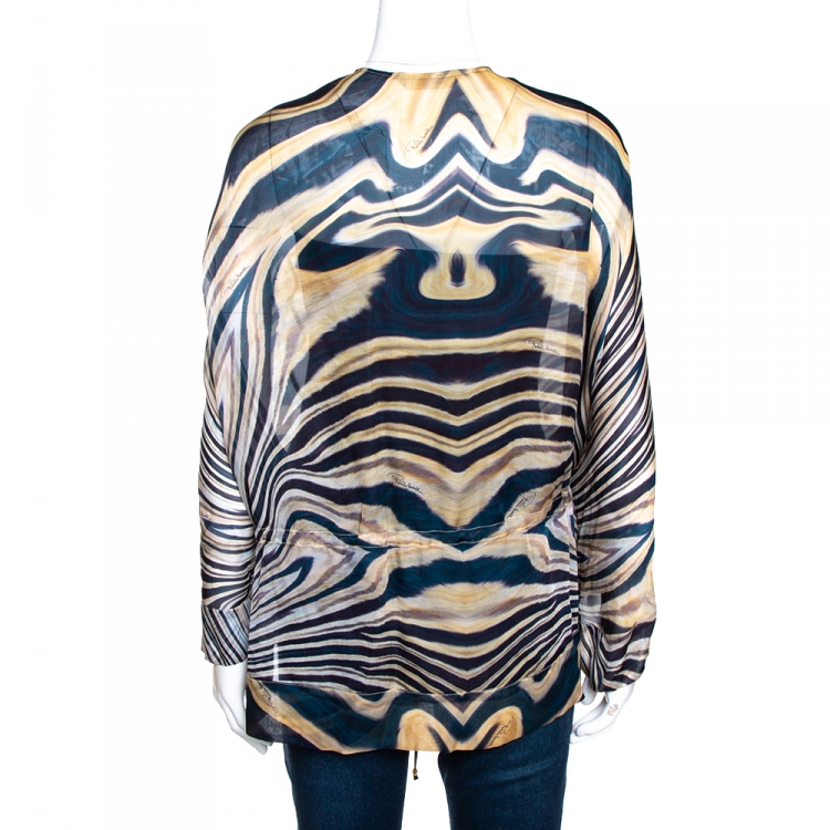 Pre Owned Roberto Cavalli Dark Teal & Beige Animal Printed Silk Kaftan Top M
