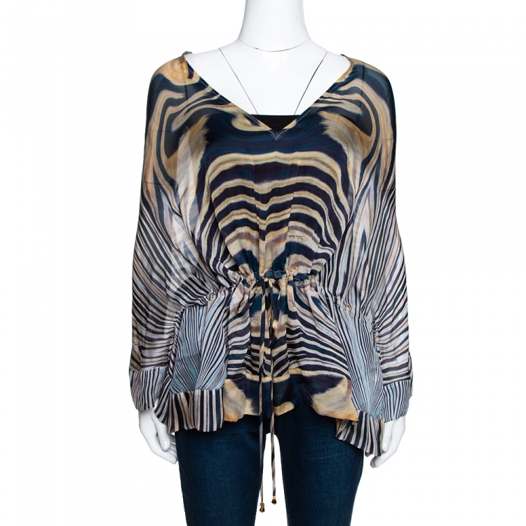 Pre Owned Roberto Cavalli Dark Teal & Beige Animal Printed Silk Kaftan Top M