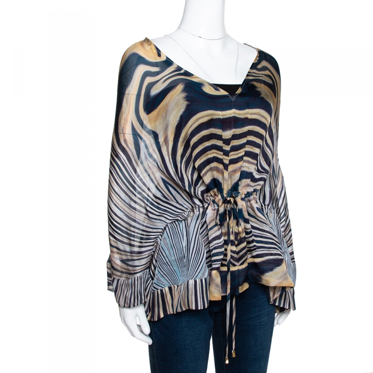 Pre Owned Roberto Cavalli Dark Teal & Beige Animal Printed Silk Kaftan Top M