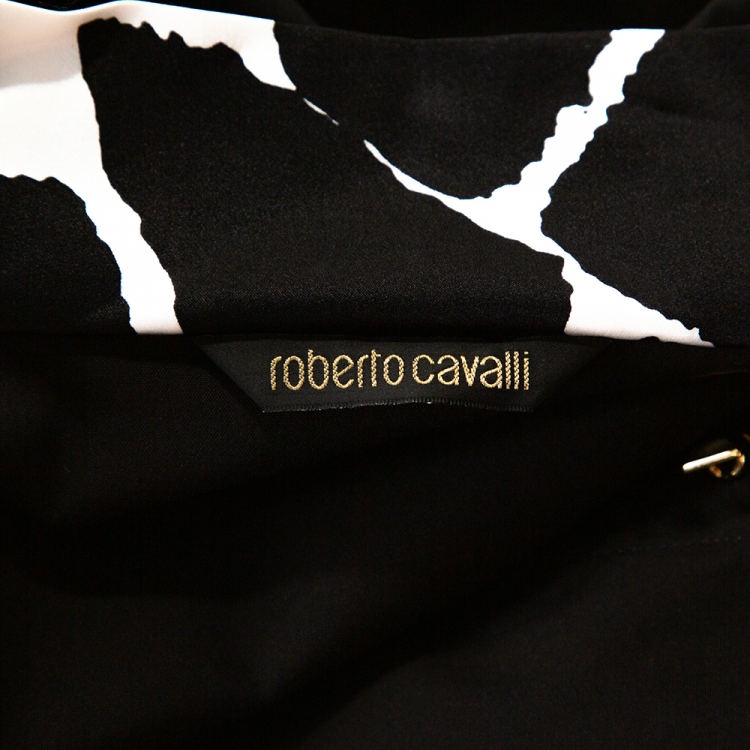 Pre Owned Roberto Cavalli Black Stretch Cotton Printed Trim Detail Shirt L