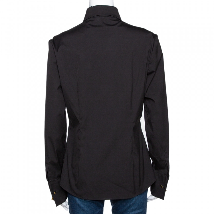 Pre Owned Roberto Cavalli Black Stretch Cotton Printed Trim Detail Shirt L