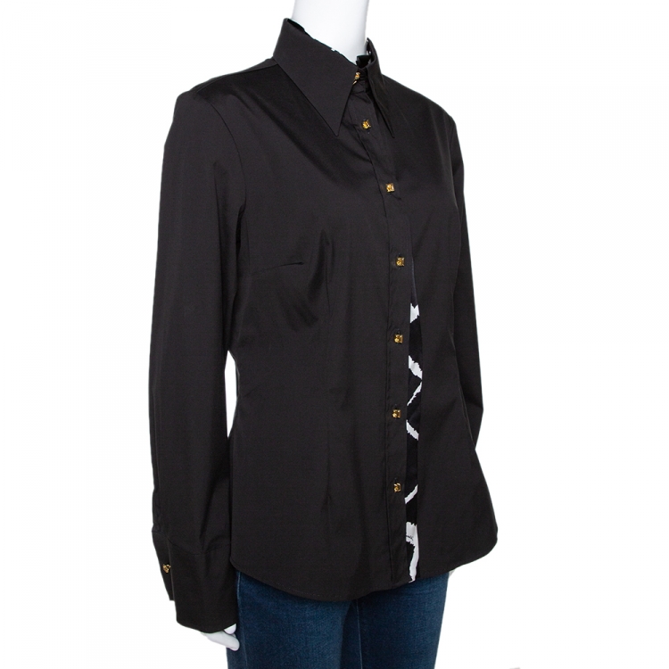 Pre Owned Roberto Cavalli Black Stretch Cotton Printed Trim Detail Shirt L