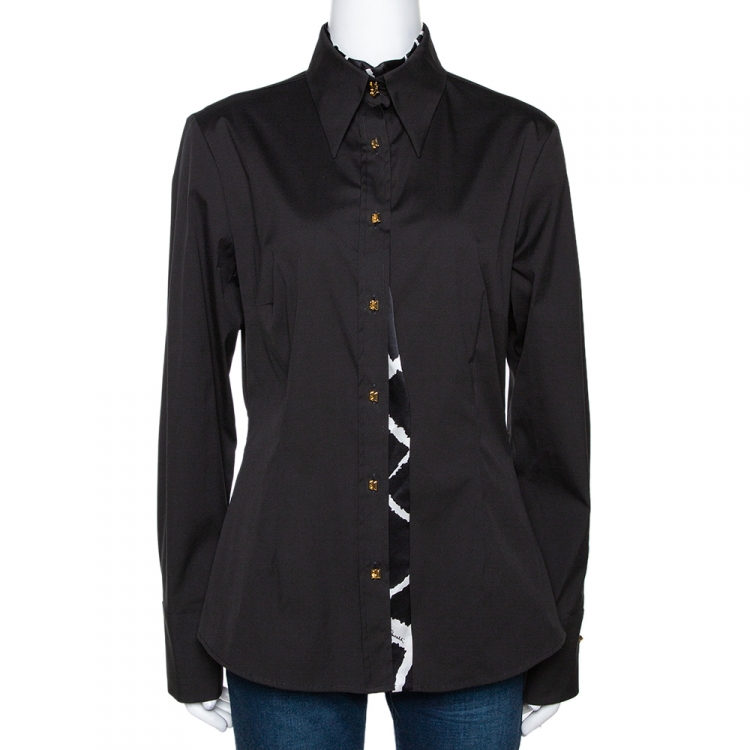 Pre Owned Roberto Cavalli Black Stretch Cotton Printed Trim Detail Shirt L
