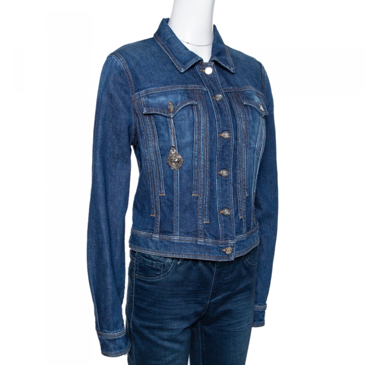 Pre Owned Roberto Cavalli Blue Denim Heart Pendant Detail Jacket L