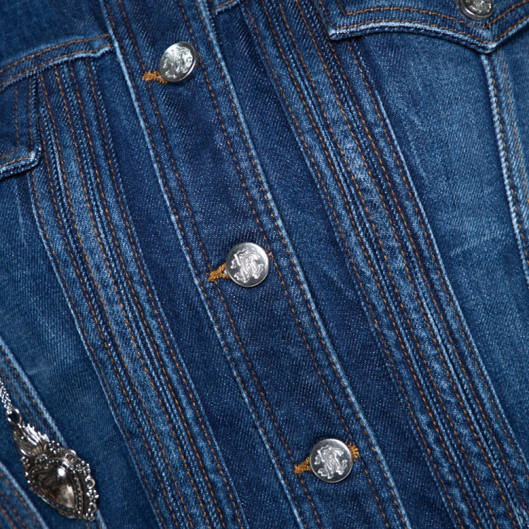 Pre Owned Roberto Cavalli Blue Denim Heart Pendant Detail Jacket L