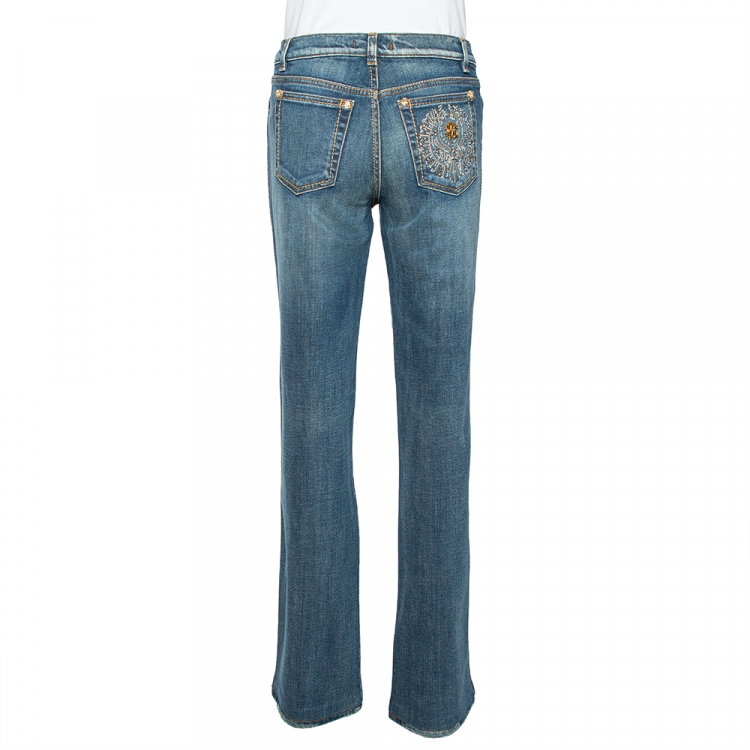 Pre Owned Roberto Cavalli Indigo Medium Wash Denim Embellished Straight Fit Jeans L