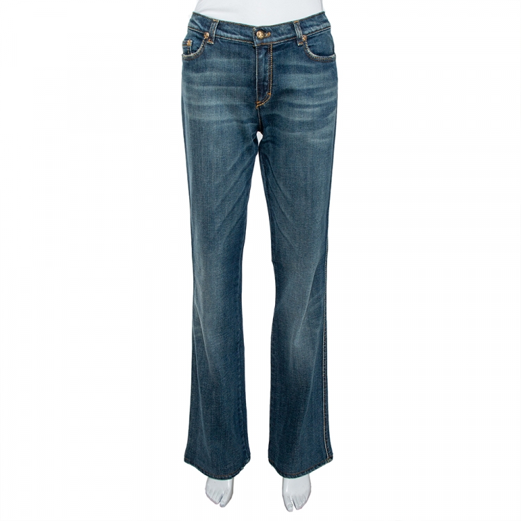 Pre Owned Roberto Cavalli Indigo Medium Wash Denim Embellished Straight Fit Jeans L