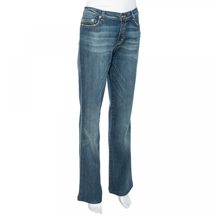 Pre Owned Roberto Cavalli Indigo Medium Wash Denim Embellished Straight Fit Jeans L