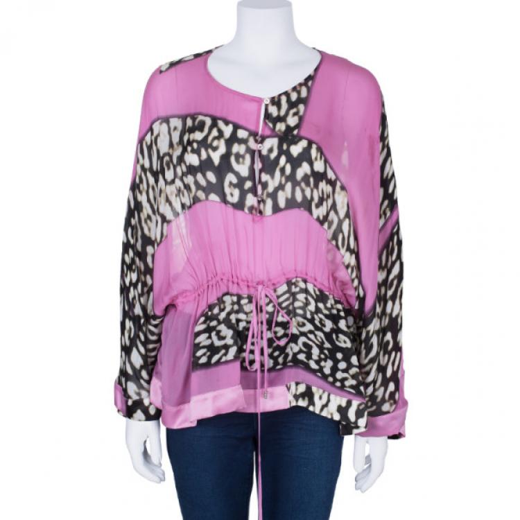 Pre Owned Roberto Cavalli Leopard Print Silk Chiffon Short Kaftan Top S