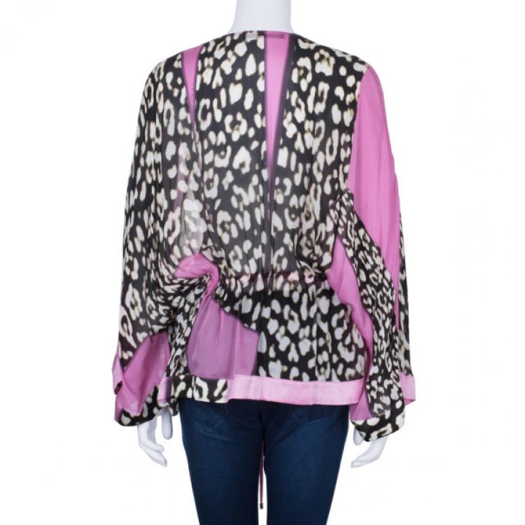 Pre Owned Roberto Cavalli Leopard Print Silk Chiffon Short Kaftan Top S