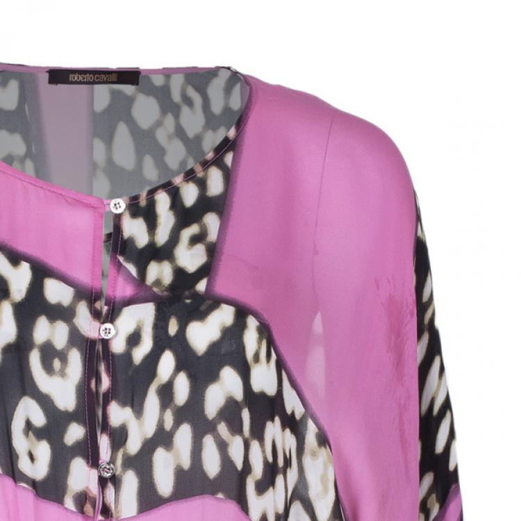 Pre Owned Roberto Cavalli Leopard Print Silk Chiffon Short Kaftan Top S