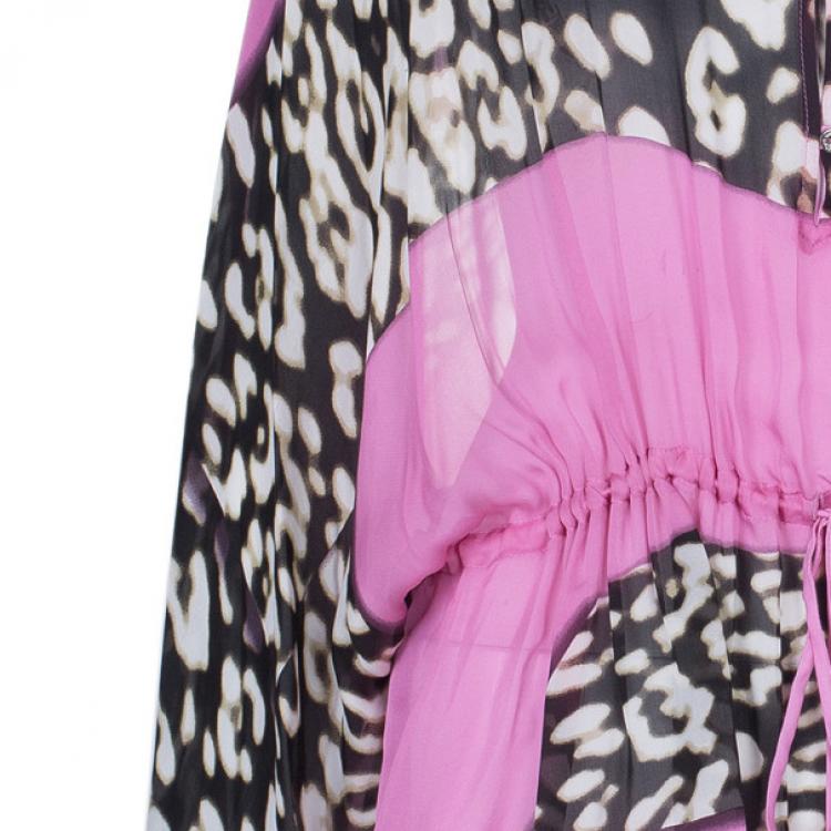 Pre Owned Roberto Cavalli Leopard Print Silk Chiffon Short Kaftan Top S
