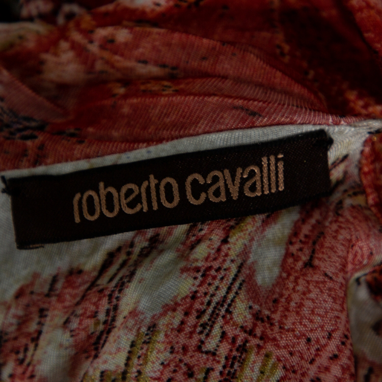 Pre Owned Roberto Cavalli Multicolor Floral and Animal Print Crepe Gathered Maxi Dress M