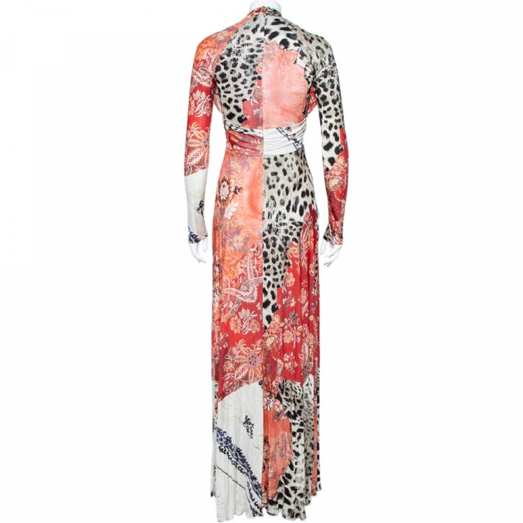 Pre Owned Roberto Cavalli Multicolor Floral and Animal Print Crepe Gathered Maxi Dress M