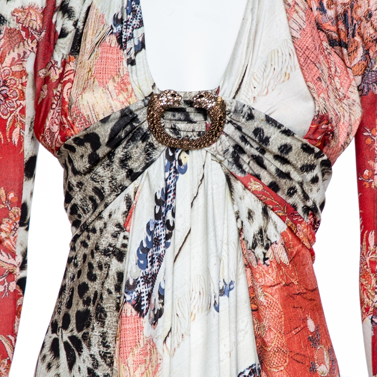 Pre Owned Roberto Cavalli Multicolor Floral and Animal Print Crepe Gathered Maxi Dress M