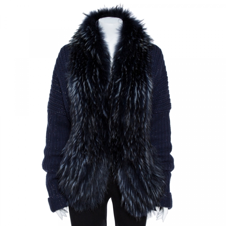 Pre Owned Roberto Cavalli Navy Blue Wool Knit Fur Lined Cardigan L