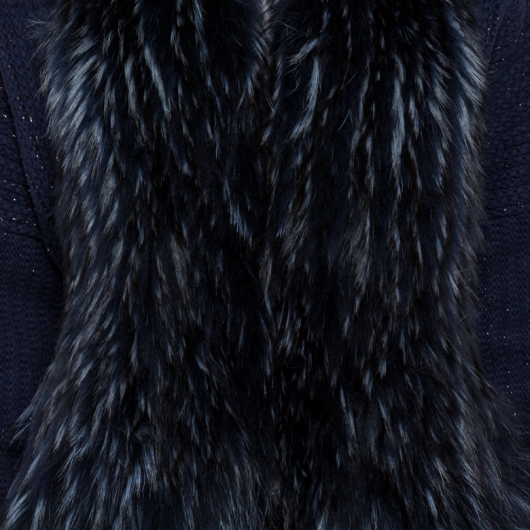 Pre Owned Roberto Cavalli Navy Blue Wool Knit Fur Lined Cardigan L