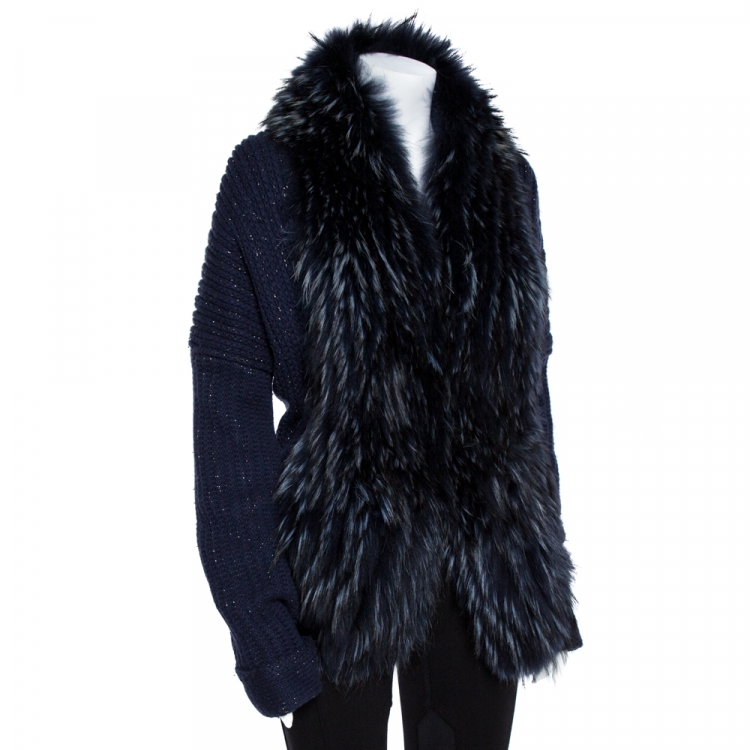 Pre Owned Roberto Cavalli Navy Blue Wool Knit Fur Lined Cardigan L