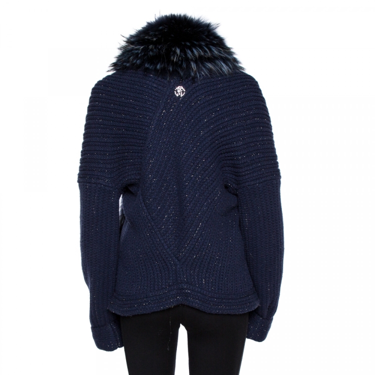 Pre Owned Roberto Cavalli Navy Blue Wool Knit Fur Lined Cardigan L