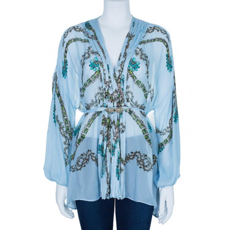 Pre Owned Roberto Cavalli Blue Floral Silk Chiffon Kaftan Top S