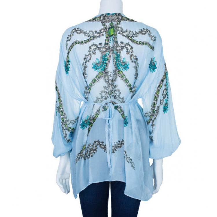 Pre Owned Roberto Cavalli Blue Floral Silk Chiffon Kaftan Top S