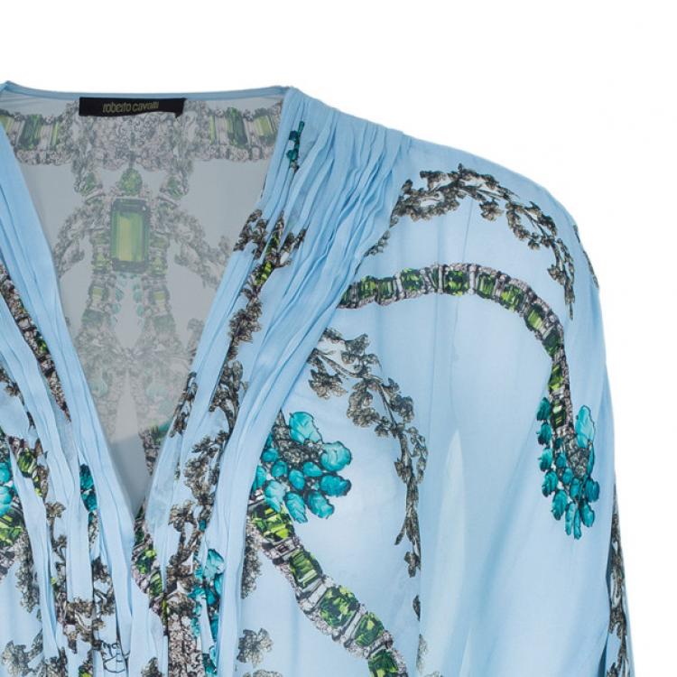 Pre Owned Roberto Cavalli Blue Floral Silk Chiffon Kaftan Top S