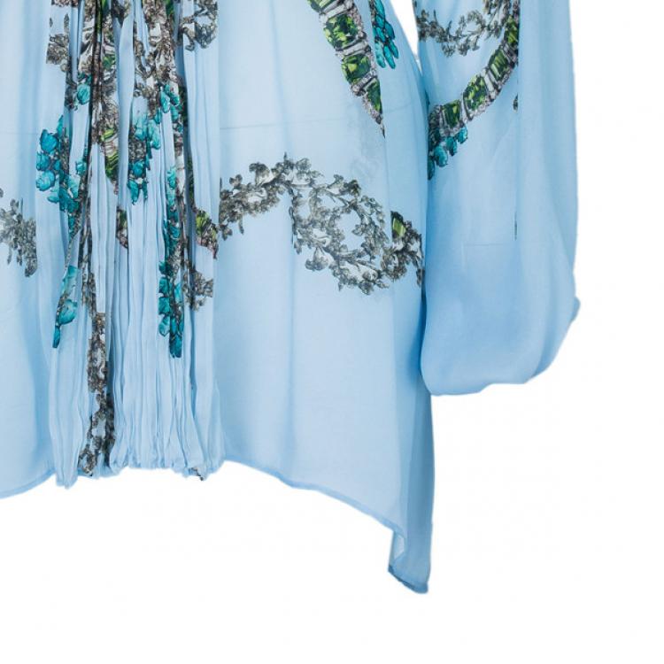 Pre Owned Roberto Cavalli Blue Floral Silk Chiffon Kaftan Top S
