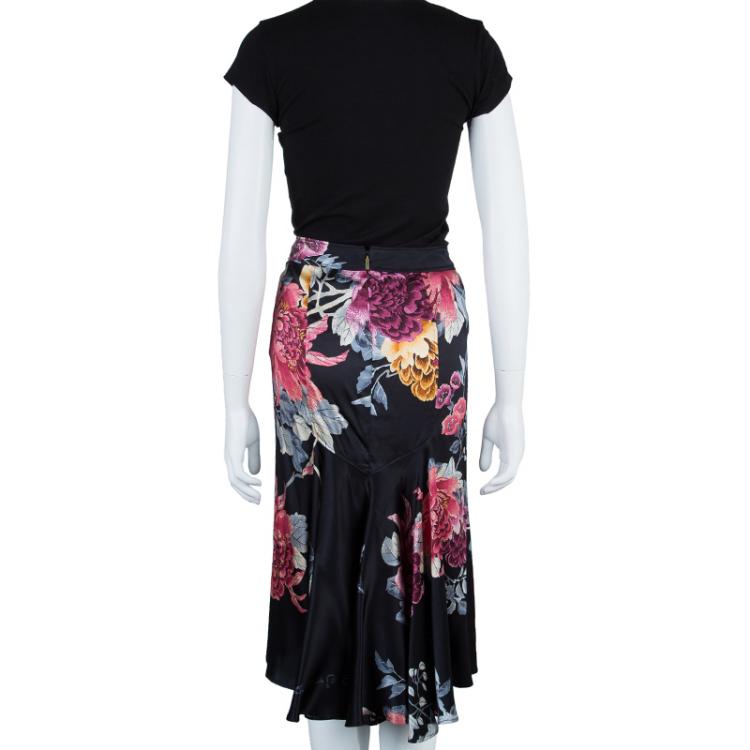 Pre Owned Roberto Cavalli Black Floral Print Silk Skirt M