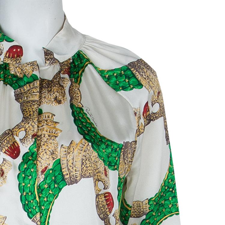 مملوكة مسبقًا Roberto Cavalli Multicolor Glitter Detail Print Long Sleeve Silk Blouse M