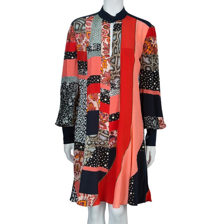 Pre Owned Roberto Cavalli Multicolor Patch Printed Silk Long Sleeve Dress M