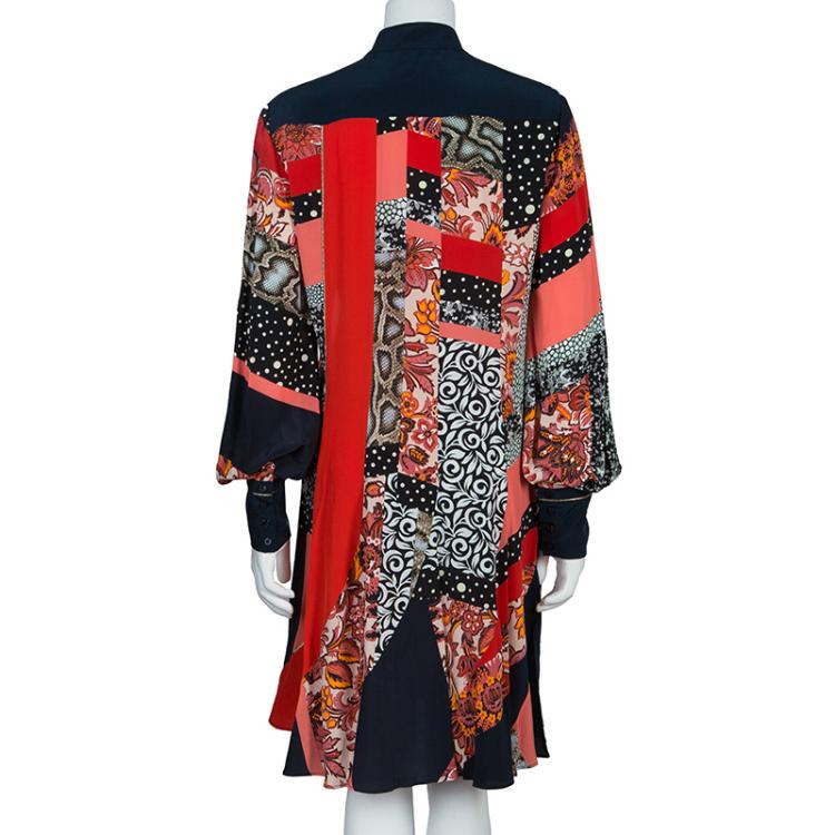 Pre Owned Roberto Cavalli Multicolor Patch Printed Silk Long Sleeve Dress M