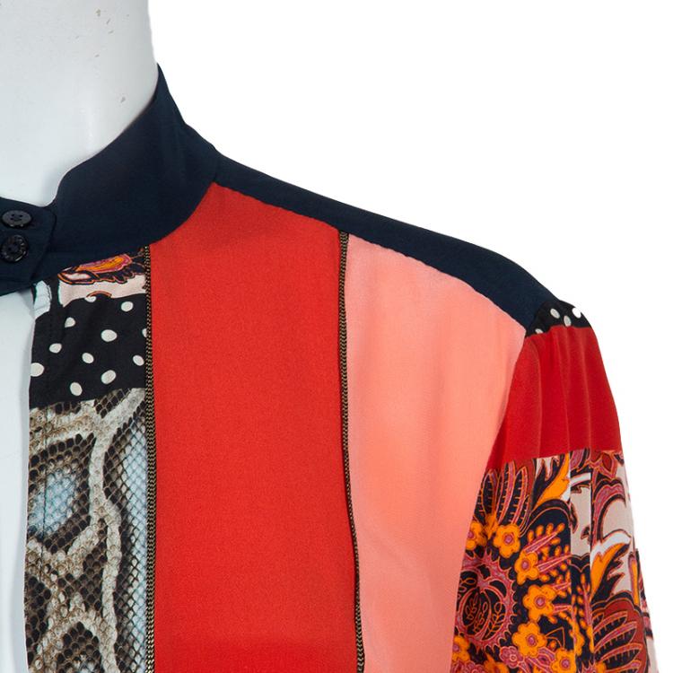 Pre Owned Roberto Cavalli Multicolor Patch Printed Silk Long Sleeve Dress M