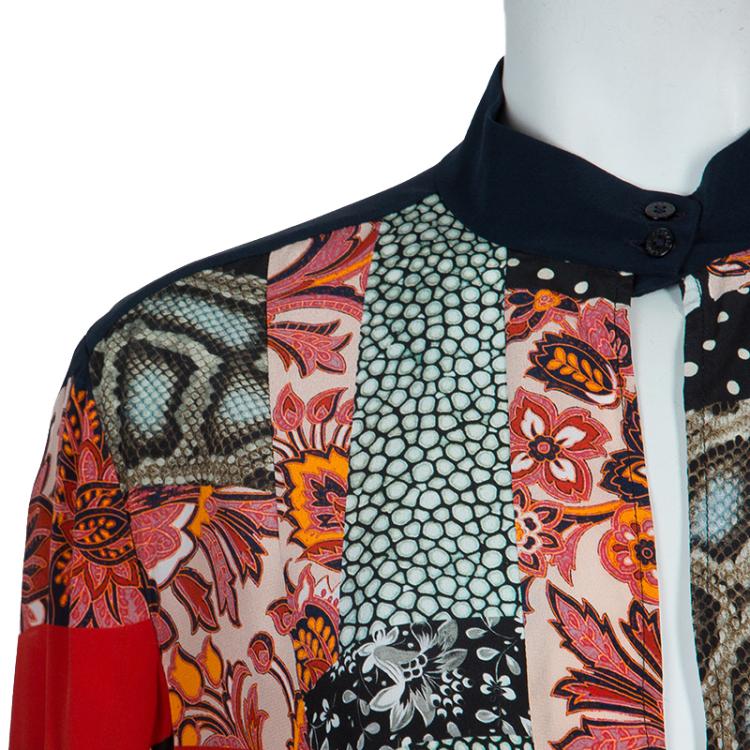 Pre Owned Roberto Cavalli Multicolor Patch Printed Silk Long Sleeve Dress M