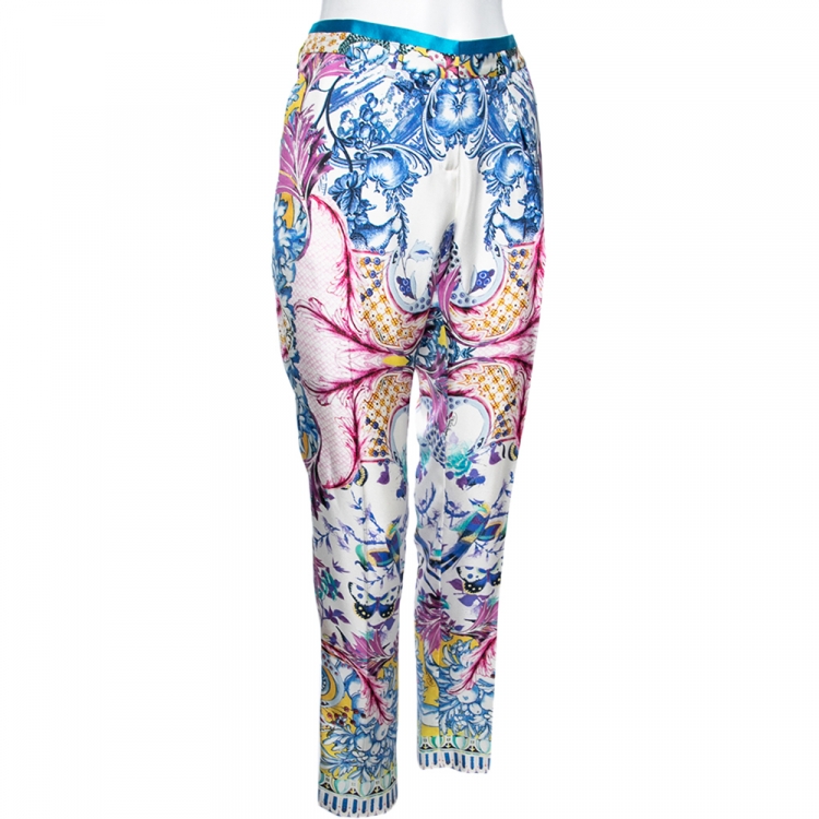Pre Owned Roberto Cavalli Multicolored Printed Silk Pants M