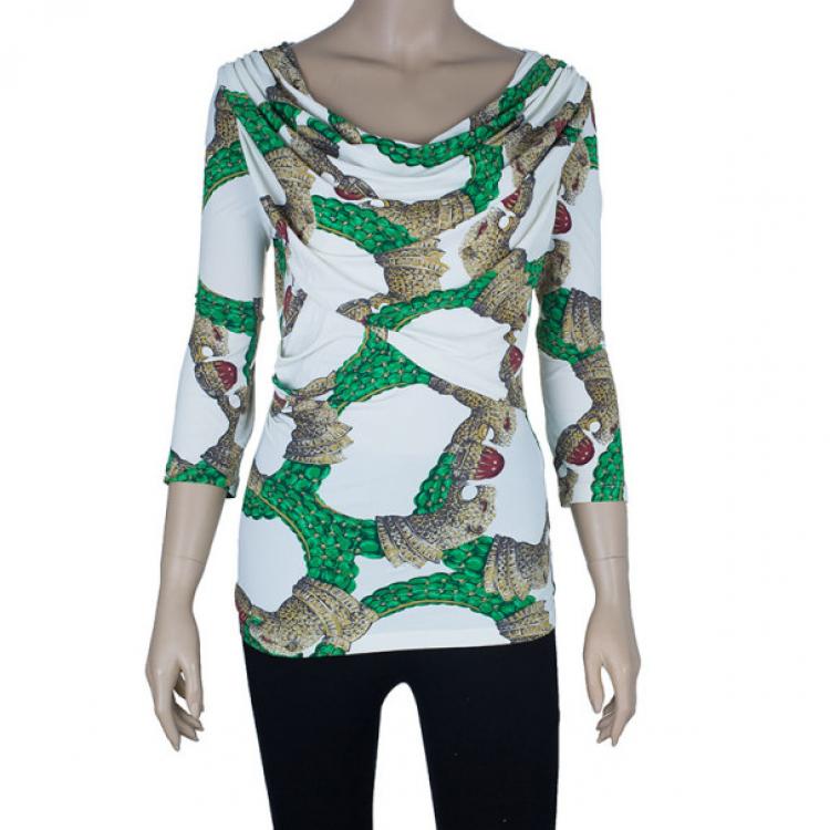Pre Owned Roberto Cavalli Draped Neck Jersey Print Top M