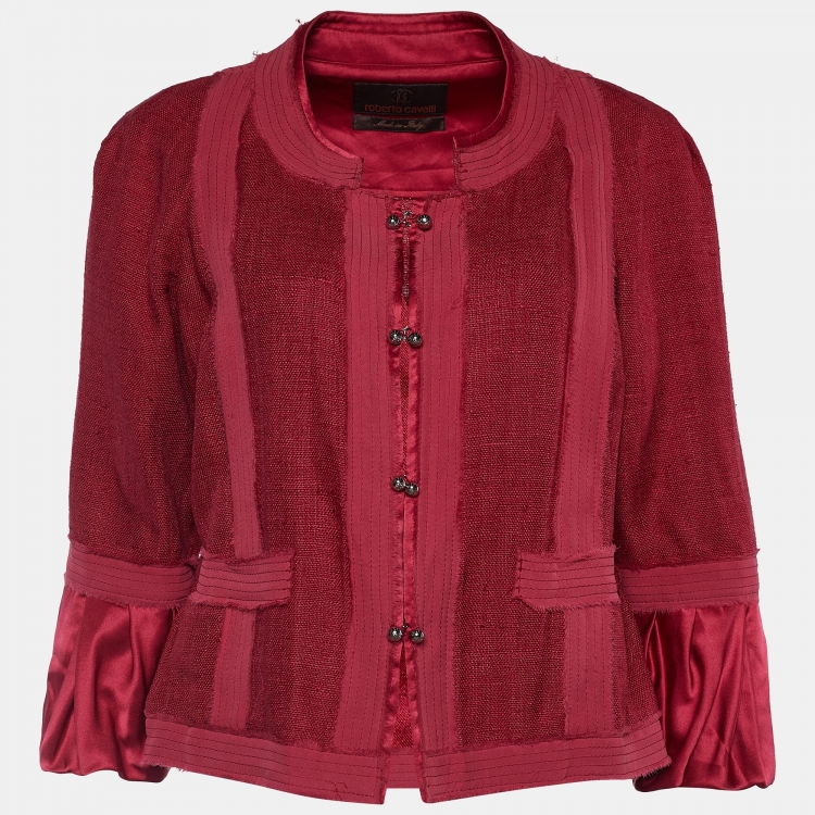 Pre Owned Roberto Cavalli Burgundy Silk Boucle Cropped Jacket M