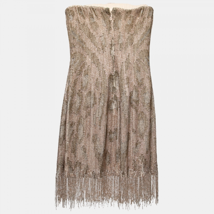 Pre Owned Roberto Cavalli Brown Patterned Bead Embellished Silk Strapless Dress S