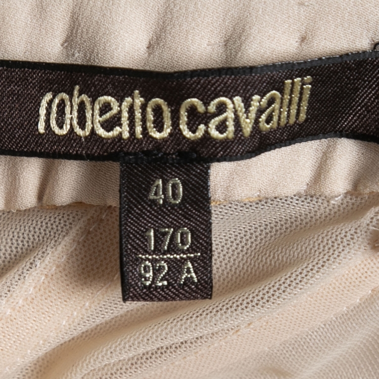 Pre Owned Roberto Cavalli Brown Patterned Bead Embellished Silk Strapless Dress S