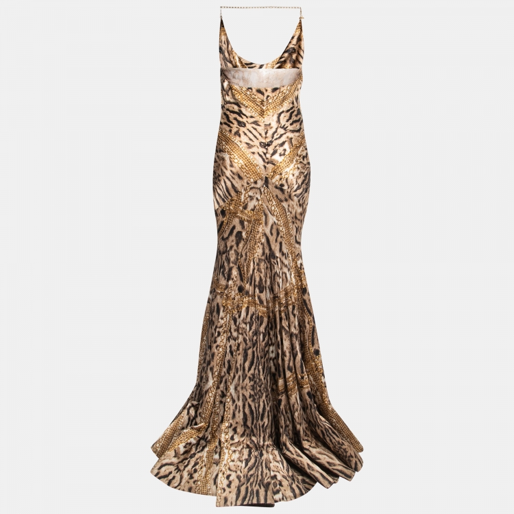 Pre Owned Roberto Cavalli Brown Animal Printed Silk Cowl-Neck Gown S