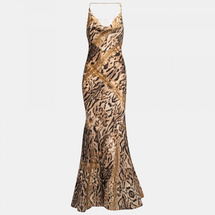 Pre Owned Roberto Cavalli Brown Animal Printed Silk Cowl-Neck Gown S