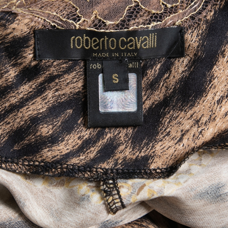 Pre Owned Roberto Cavalli Brown Animal Printed Silk Cowl-Neck Gown S