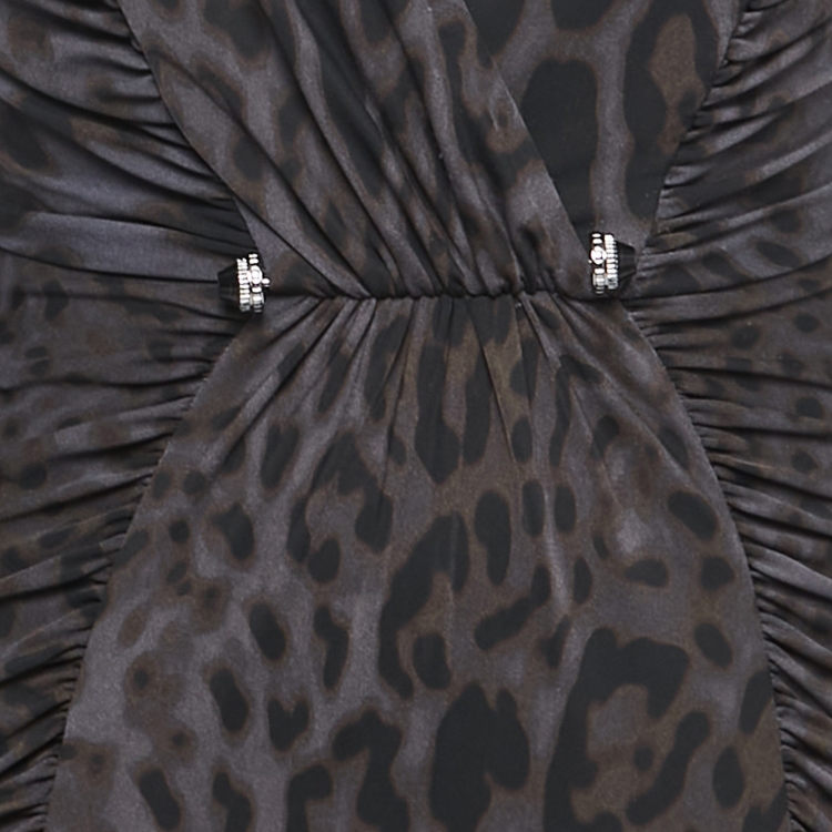 مملوكة مسبقًا Roberto Cavalli Dark Grey Animal Print Stretch Jersey and Lace Long Sleeve Maxi Dress S