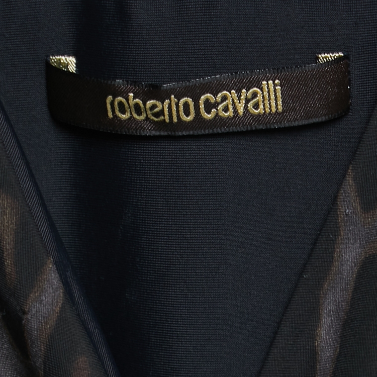 مملوكة مسبقًا Roberto Cavalli Dark Grey Animal Print Stretch Jersey and Lace Long Sleeve Maxi Dress S
